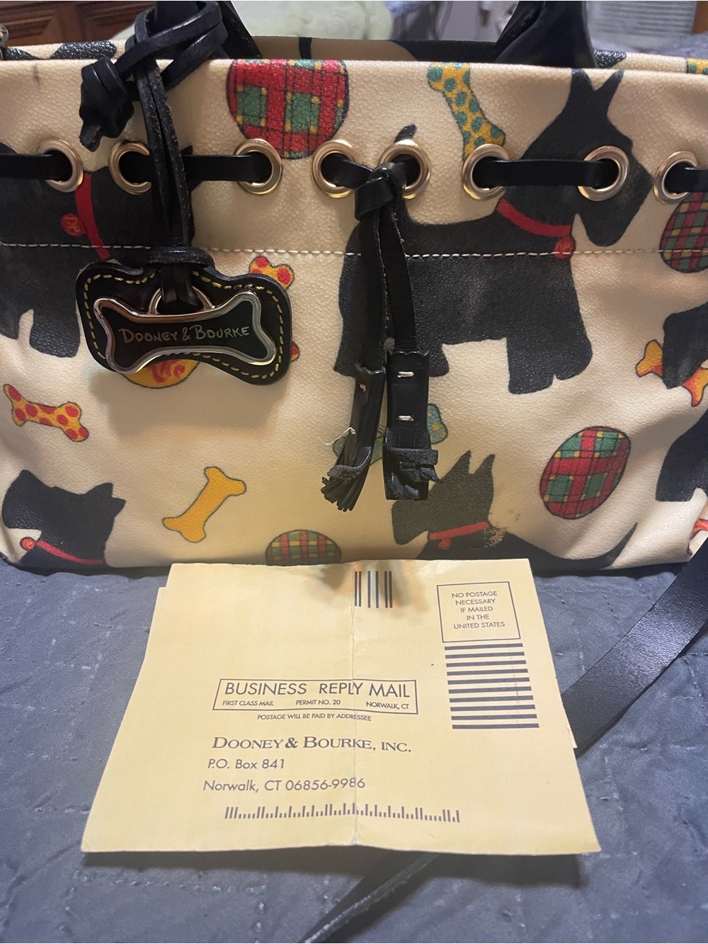 Dooney & Bourke Cream Scottie Dog Print Shoulder Tote with Black Trim - Picture 2 of 5